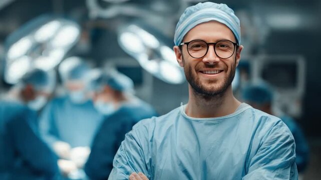 Portrait of a Confident Surgeon: A skilled surgeon, radiating confidence and expertise, stands in a modern operating room, embodying precision and dedication in the realm of medicine.