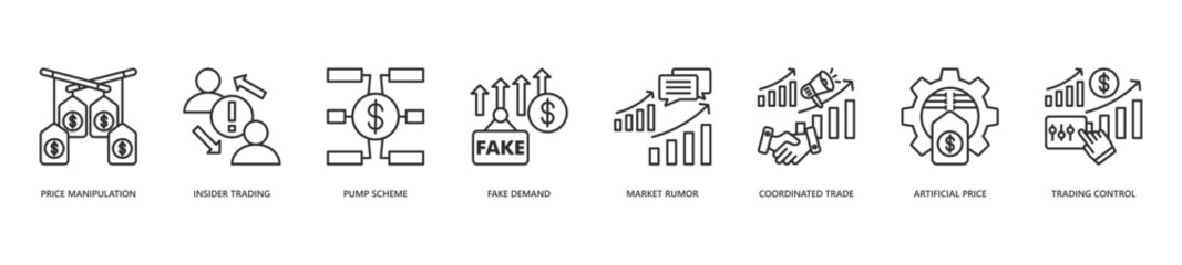 Obraz premium Market Manipulation Icon Set. Icon set includes Price Manipulation, Insider Trading, Pump Scheme, Fake Demand, Market Rumor, Coordinated Trade, Artificial Price, Trading Control.