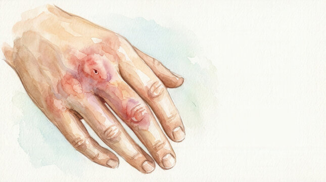 Watercolor illustration of a bee sting on a human hand. Artistic medical drawing showing acute inflammation, redness, and swelling on the knuckles and fingers after an insect bite.
