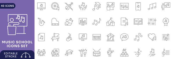 Music School icon set. Contain icons related to relevant to music schools, music, learning Etc. line Icon Collection. Fully Editable. © siyannlum