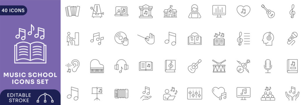 Music School icon set. Contain icons related to relevant to music schools, music, learning Etc. line Icon Collection. Fully Editable.