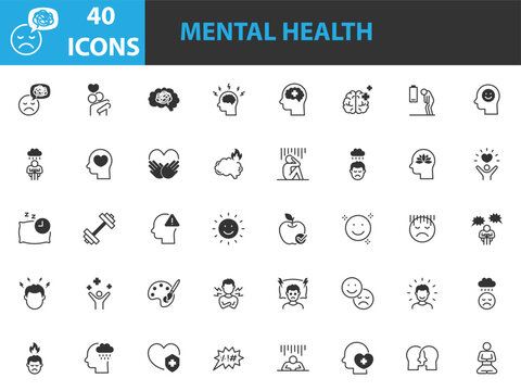 set of mental health icons, negative thinking, positive thinking, stress