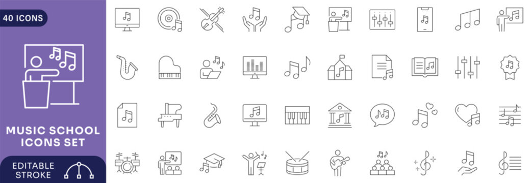 Music School icon set. Contain icons related to relevant to music schools, music, learning Etc. line Icon Collection. Fully Editable.