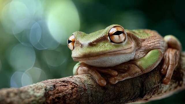 Close up of a sleeping frog resting on a tree branch. 4K Video