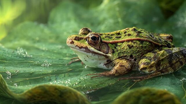 Sleeping frog resting on a green leaf in nature. 4K Video