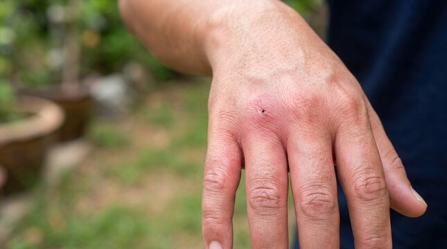 Close-up photo of a swollen male hand after a bee sting. Detailed view of red skin inflammation, acute edema, and a puncture wound with a visible stinger on the knuckle.