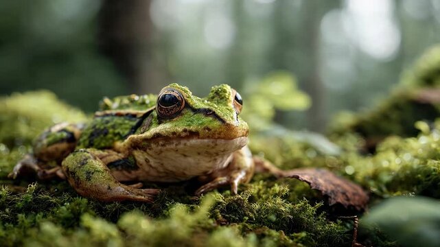 Sleeping frog resting on green moss in a forest. 4K Video