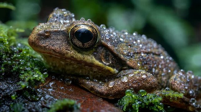 Macro of sleeping frog resting on moss with dew drops. 4K Video