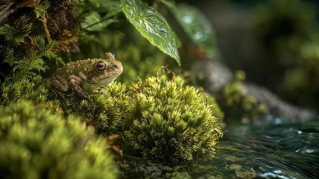 Small sleeping frog resting on green moss by a stream. 4K Video