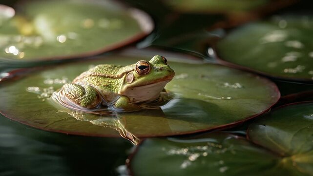 Sleeping frog resting on lily pad in peaceful pond. 4K Video