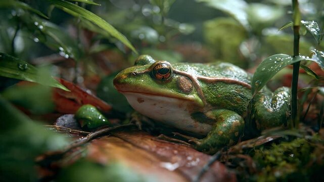 Green sleeping frog resting on forest floor. 4K Video