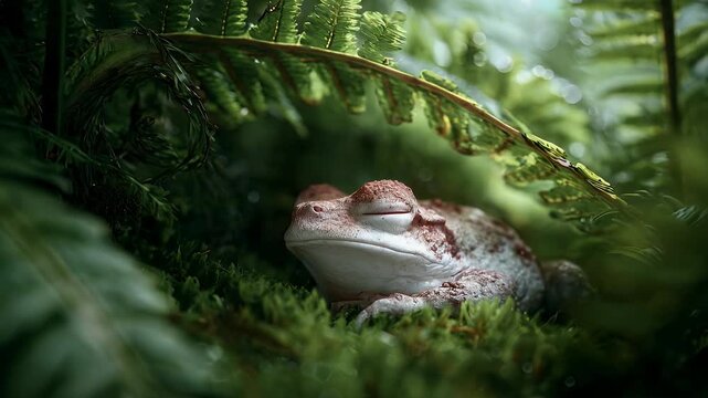 Sleeping frog resting on green moss under fern leaves. 4K Video