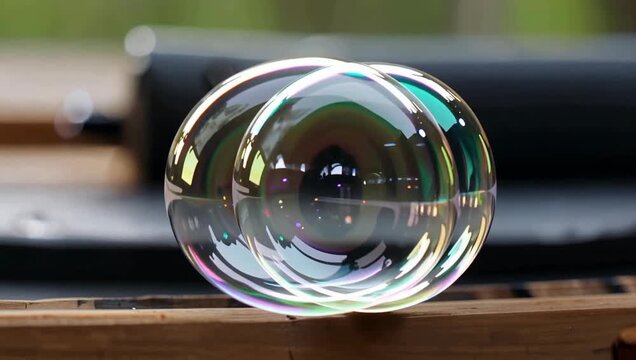 Close-up of two soap bubbles with beautiful rainbow reflections in sunlight.