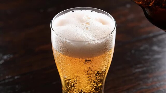 Amber liquid cascades into a frothy glass, creating a refreshing, bubbly beverage
