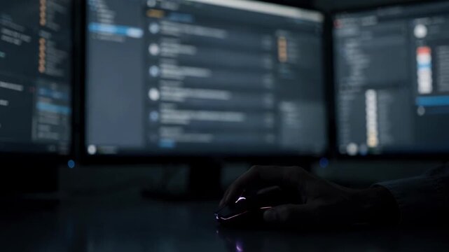 Shot centered on a wholesale carrier portal trouble ticket interface in dark theme with the users focused fingers on a mouse and multiple outoffocus screens behind.