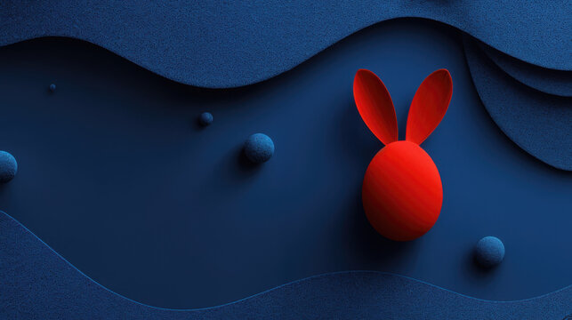 A surreal artistic Easter creation featuring a vibrant red Easter bunny against a striking blue backdrop, the scene evokes a sense of playful creativity and Easter joy. 