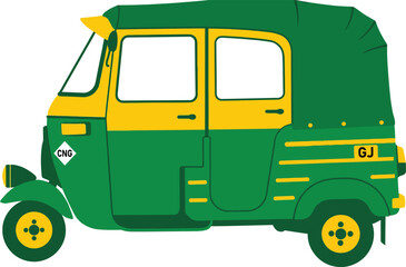 Traditional green and yellow Indian auto rickshaw showing a side profile view of the popular three wheeler CNG public transport cab used for daily urban city travel.