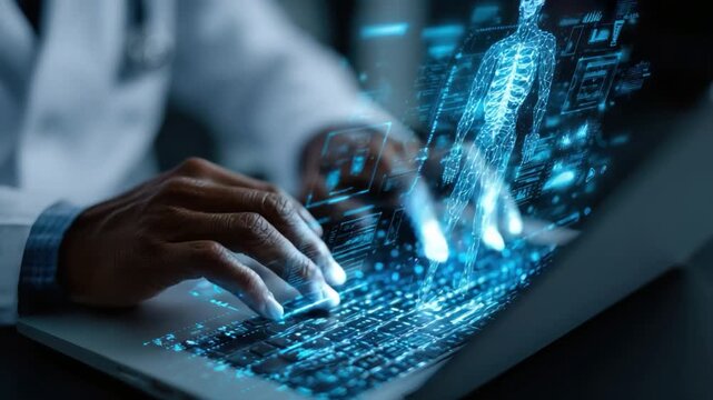 Cutting-Edge Healthcare: A doctor meticulously examines intricate patient data on a modern laptop, symbolizing medical progress. 