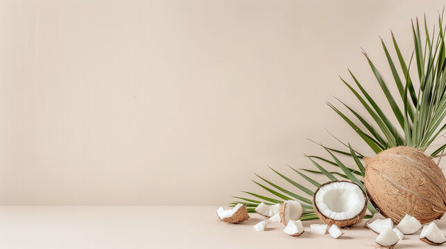 Fresh organic whole and broken coconuts with green palm leaves on beige background for tropical wellness and food concepts