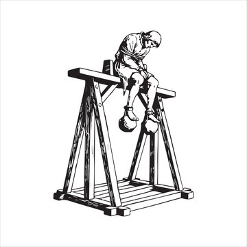 Historical black and white illustration of a prisoner on a medieval torture device.