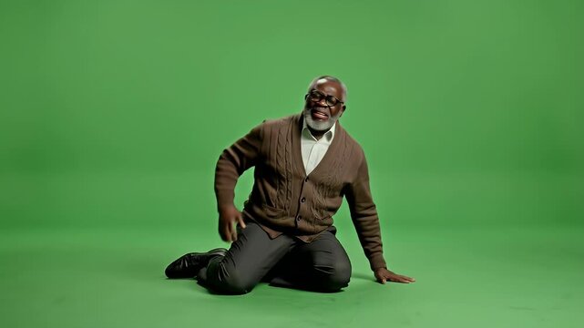 Elderly man on hands and knees, head bowed, on a green backdrop