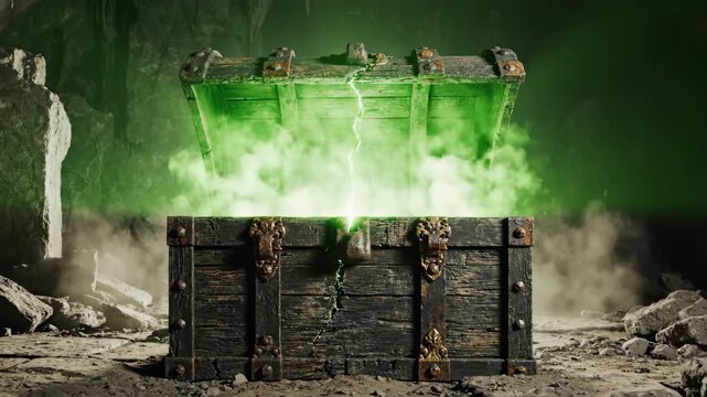 Deep within dark cave, mysterious treasure chests magic green light reveals secret asset holding great power and high yield return