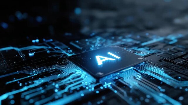 AI Chip: A close-up view of an illuminated AI chip, symbolizing the heart of technological innovation and artificial intelligence's potential to transform the future.
