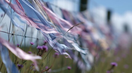 Close-up of a string of colorful ribbons hanging from a wire fence. the ribbons are in various shades of pink, blue, and purple, creating a rainbow-like effect.