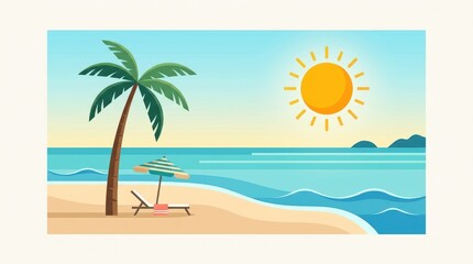 Obraz premium Minimalist modern flat illustration of tropical vacation, palm tree and sun.