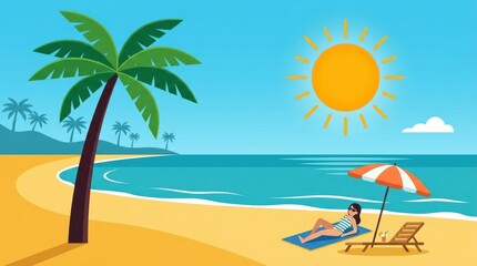 Minimalist modern flat illustration of tropical vacation, palm tree and sun.