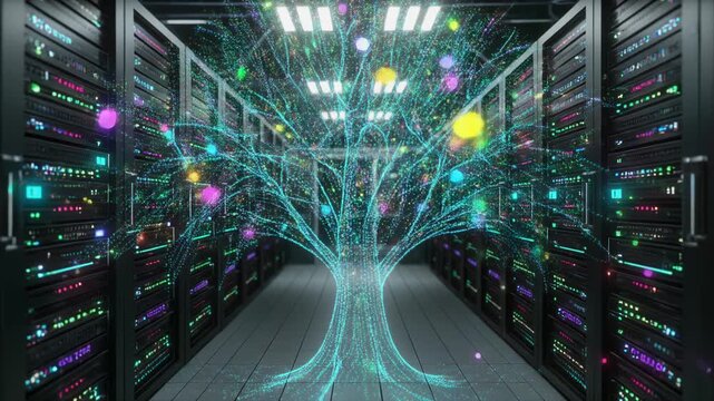 データ粒子が樹木のように広がる人工知能ネットワークと再生可能エネルギーを象徴する未来テクノロジー背景