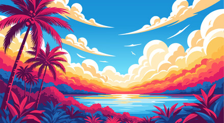 vibrant tropical island vector illustration at sunset with palm trees and ocean waves, vivid colors, dreamy sky © Purnomo