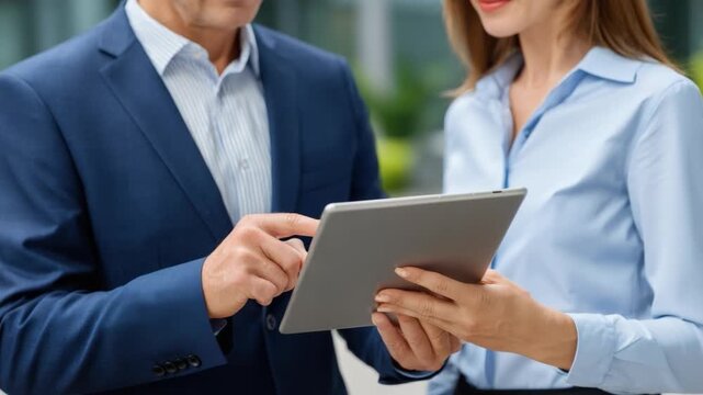Business Duo in Dialogue: A professional couple in sharp attire collaborating over a digital tablet, immersed in thoughtful dialogue that exudes experience and expertise.