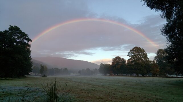 Subtle pastel-hued rainbow arching over a misty morning landscape with rolling hills and trees