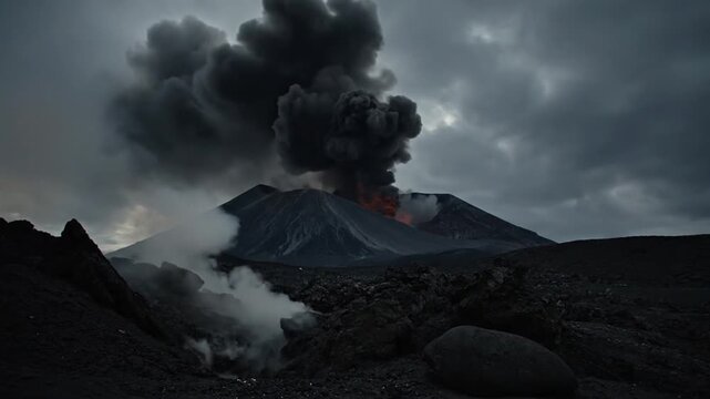 Volcanic eruption with dark smoke.