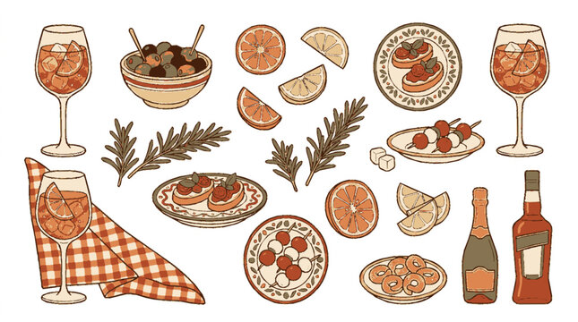 Vintage italian aperitivo illustration with spritzes olives prosciutto and cheese on plates with rustic vibes