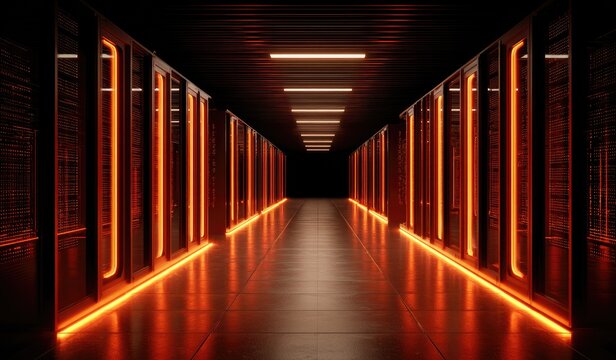 Futuristic glowing server room corridor with orange lights