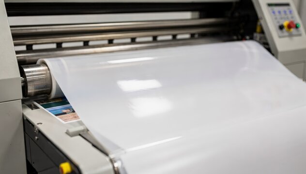 Medium shot of a machine precisely applying a glossy protective laminate film over a printed book cover emphasizing the smooth shiny finish in sharp focus.