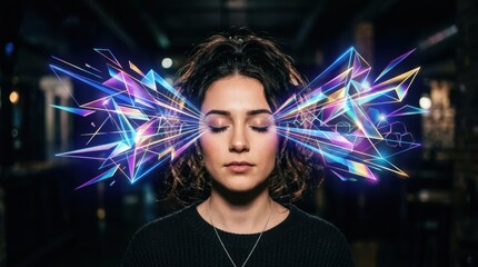 Naklejka premium Woman with closed eyes and colorful light beams emanating from ears.