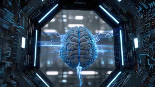 Digital Brain: A captivating image shows a realistic brain enveloped within a futuristic, high-tech matrix, suggesting the merging of human intellect with advanced technology.