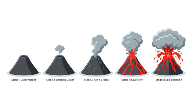 Volcanic eruption stages infographic set featuring calm volcano smoking crater ash cracks lava flow and epic explosion with thick smoke clouds vector icons.