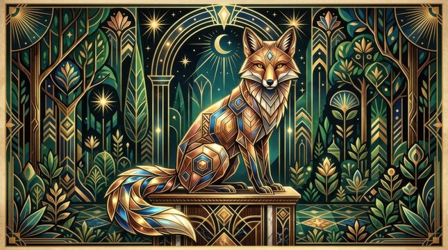 Art Deco Fox Illustration - Mystical Forest Scene with Golden Accents.