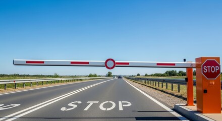 Checkpoint with barrier gate and stop sign on clear road under blue sky. Road features security measures including illuminated stop signal and striped barrier for vehicle control.