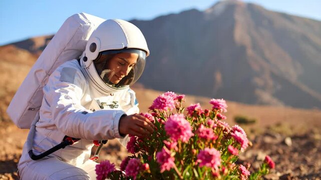 Female astronaut in white suit examining pink flowers on a rocky desert planet surface during a space mission