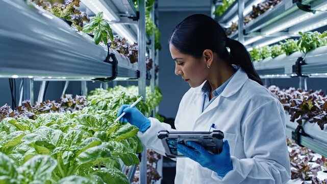 Female scientist checking plants in modern hydroponic farm