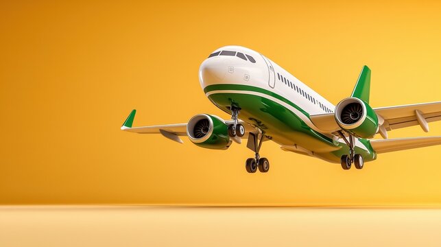 Green and White Airplane Model Descending Against Yellow Background