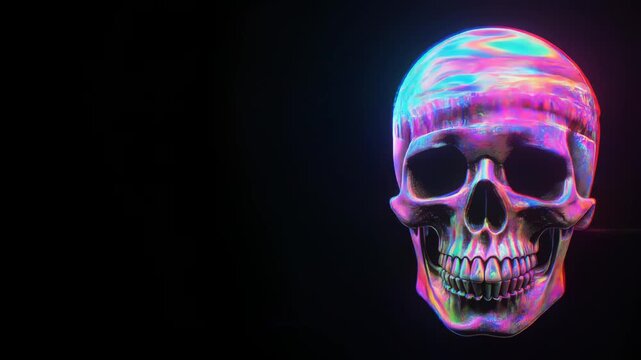 ネオンのグリッチに包まれて浮かぶ骸骨が漂う不気味なハロウィンデジタル背景