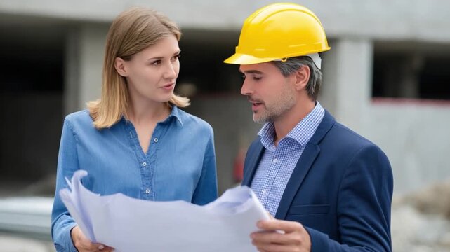 Construction Collaboration: Two construction professionals meticulously review blueprints on a construction site.
