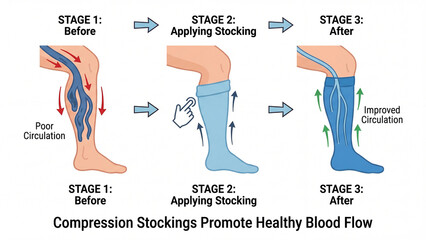 Compression stockings medical education infographic illustrating three stages from poor circulation through application to improved blood flow for venous health
