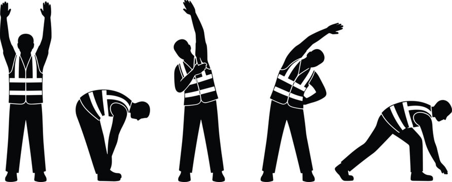 Stretching silhouette illustration featuring five figures in safety vests performing warm-up exercises, perfect for fitness, workplace wellness, injury prevention, and instructional projects